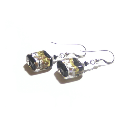 Murano Glass Black Gold Stripe Square Dangle Silver Earrings by JKC Murano - JKC Murano