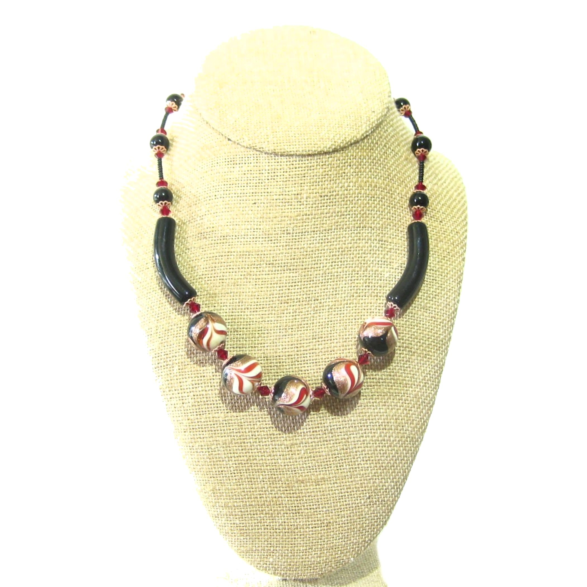 Murano Glass Red Black Swirl Silver Necklace - JKC Murano