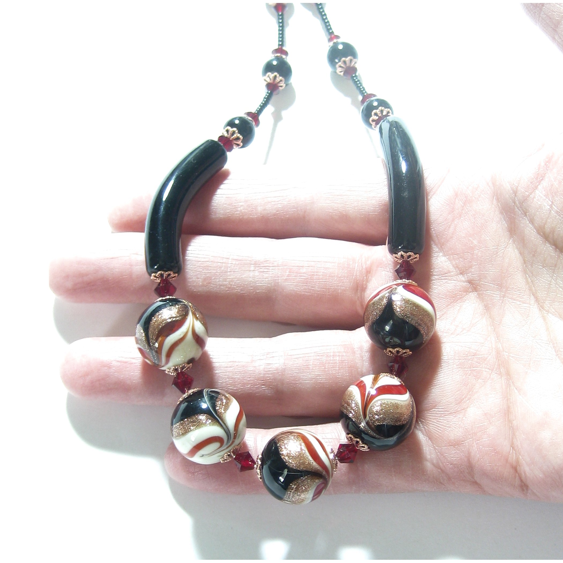 Murano Glass Red Black Swirl Silver Necklace - JKC Murano