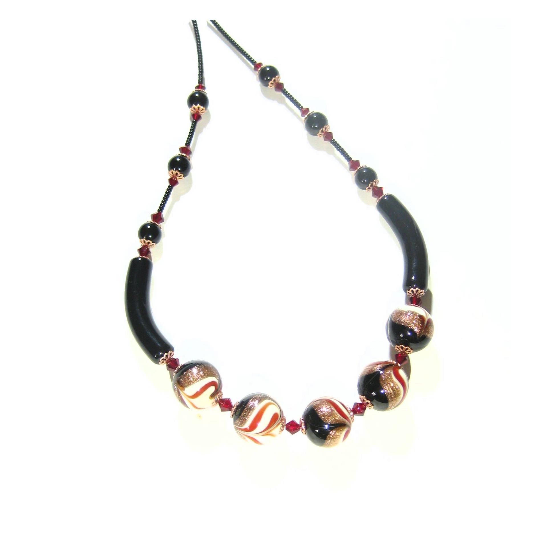 Murano Glass Red Black Swirl Silver Necklace - JKC Murano