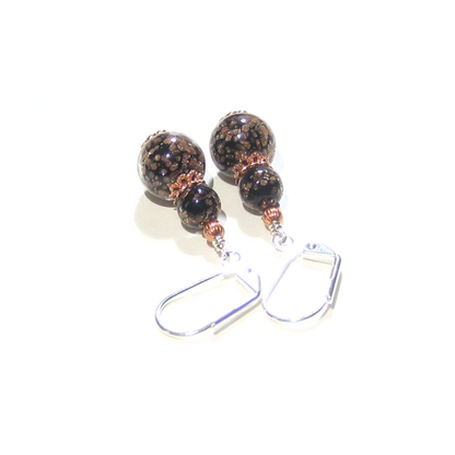 Murano Glass Black Copper Ball Sterling Silver Earrings - JKC Murano