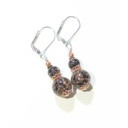 Murano Glass Black Copper Ball Sterling Silver Earrings - JKC Murano