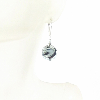 Murano Glass Black White Coin Sterling Silver Earrings - JKC Murano