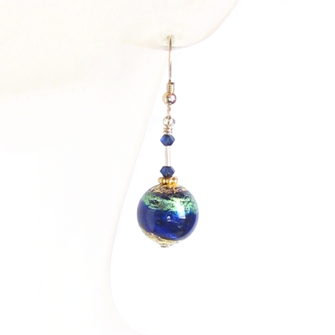 Murano Glass Cobalt Blue Aqua Ball Gold Earrings by JKC Murano