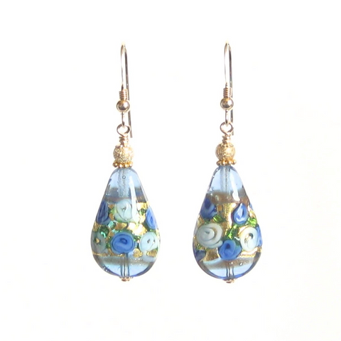 Murano Glass Teardrop Blue Roses Gold Earrings, JKC Murano - JKC Murano