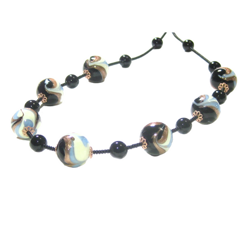 Murano Glass Blue Black Copper Swirl Silver Necklace - JKC Murano