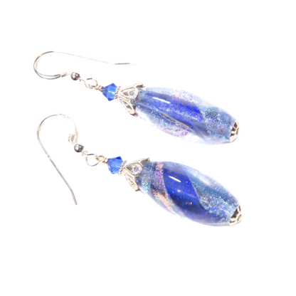 Murano Glass Blue Dichroic Oval Silver Earrings - JKC Murano