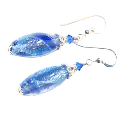 Murano Glass Blue Dichroic Oval Silver Earrings - JKC Murano