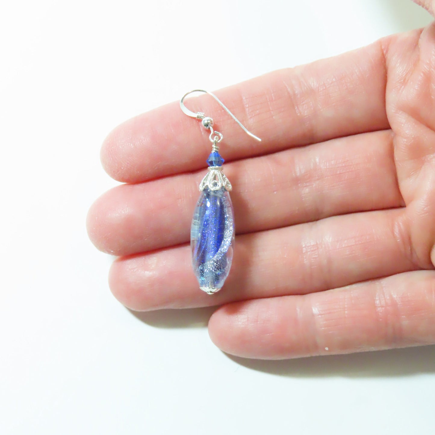 Murano Glass Blue Dichroic Oval Silver Earrings - JKC Murano