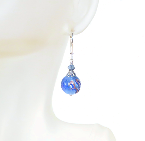 Murano Glass Blue Old Charm Ball Silver Earrings