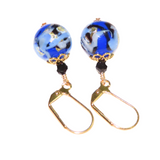 Murano Glass Blue Black Swirl Abstract Ball Gold Earrings