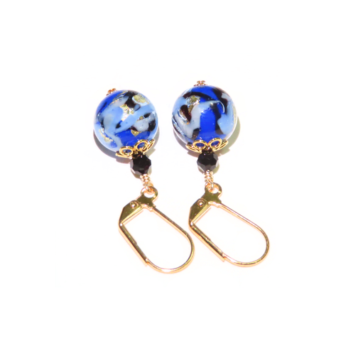 Murano Glass Blue Black Swirl Abstract Ball Gold Earrings