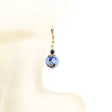 Murano Glass Blue Black Swirl Abstract Ball Gold Earrings