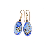 Murano Glass Blue Black Oval Dangle Gold Earrings