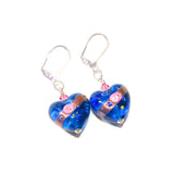 Murano Glass Blue Rose Heart Silver Earrings, Venetian Jewelry