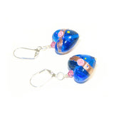 Murano Glass Blue Rose Heart Silver Earrings, Venetian Jewelry