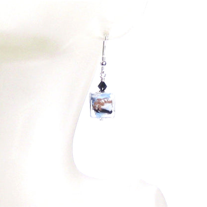 Murano Glass Blue White Black Leopard Cube Sterling Silver Earrings - JKC Murano