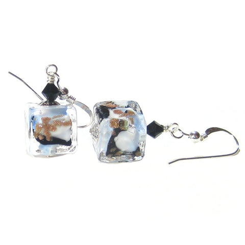 Murano Glass Blue White Black Leopard Cube Sterling Silver Earrings