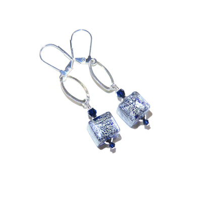 Murano Glass Dark Blue Long Silver Earrings
