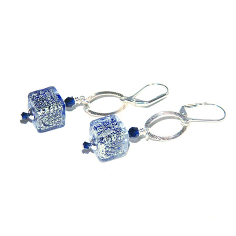 Murano Glass Dark Blue Long Silver Earrings