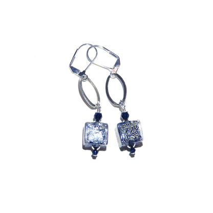 Murano Glass Dark Blue Long Silver Earrings