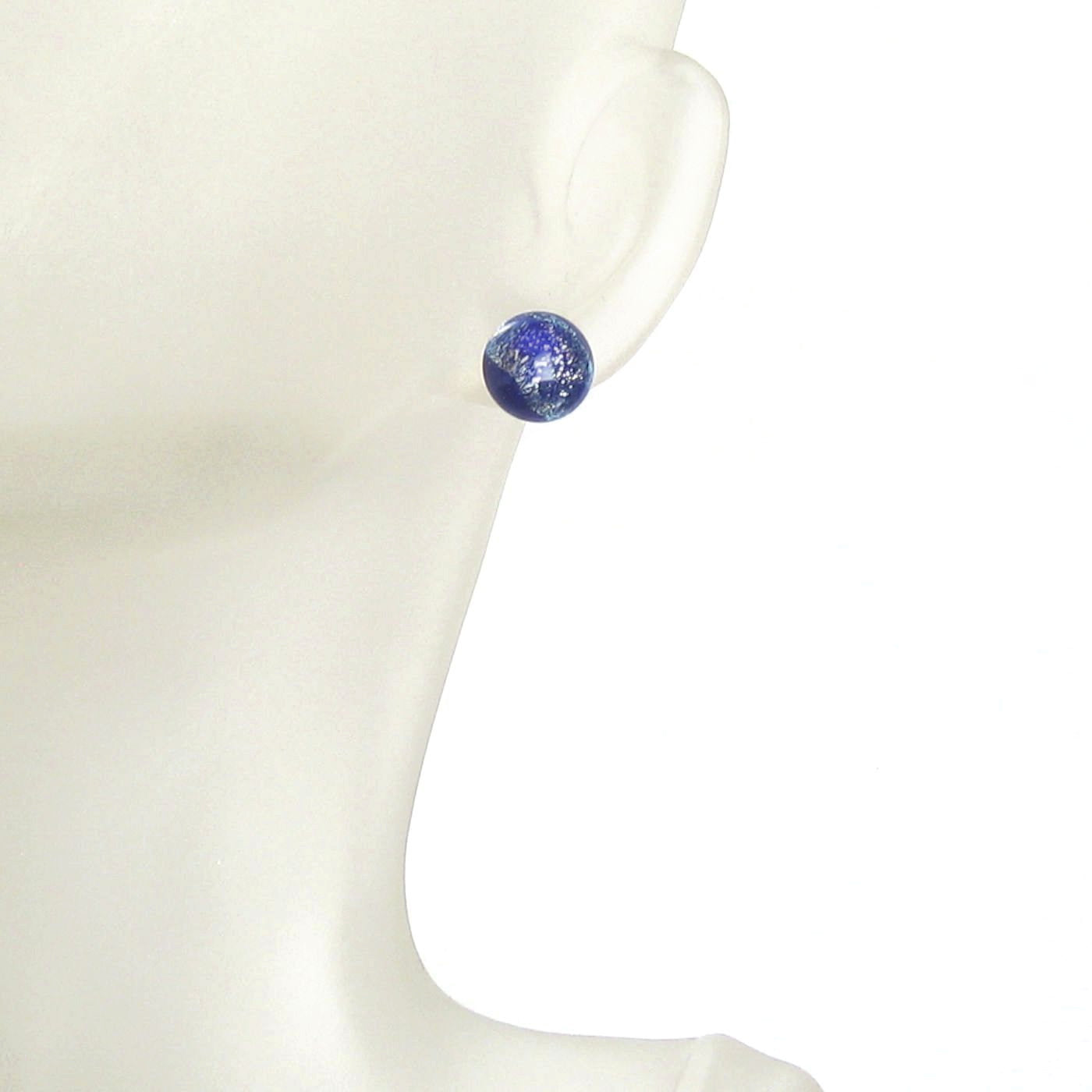 Murano Glass Cobalt Blue Silver Dichroic Button Earrings, 10mm, Stud Earrings