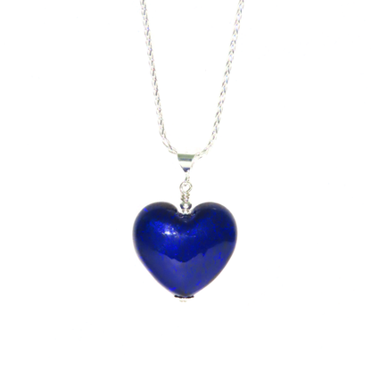 Murano Glass Cobalt Blue Puffy Heart Pendant, Italian Murano Glass Jewelry