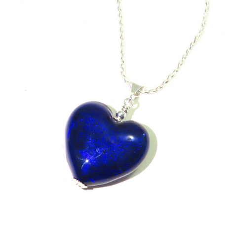 Murano Glass Cobalt Blue Puffy Heart Pendant, Italian Murano Glass Jewelry