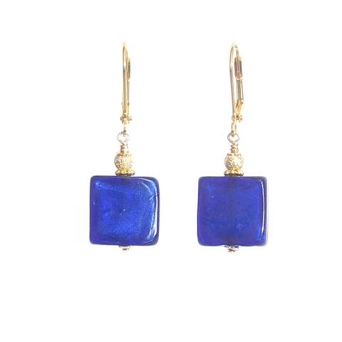 Murano Glass Cobalt Blue Chunky Square Gold Earrings - JKC Murano