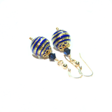 Murano Glass Cobalt Blue Stripes Ball Gold Earrings