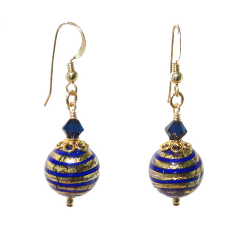 Murano Glass Cobalt Blue Stripes Ball Gold Earrings