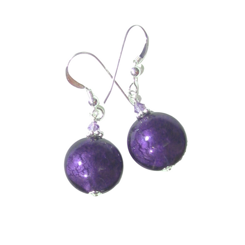 Murano Glass Dark Plum Disc Sterling Silver Earrings - JKC Murano