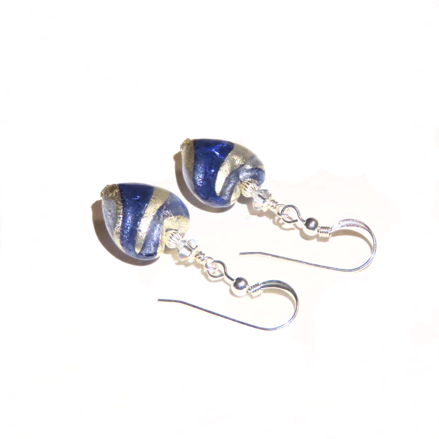 Murano Glass Dark Blue Swirl Heart Silver Earrings - JKC Murano