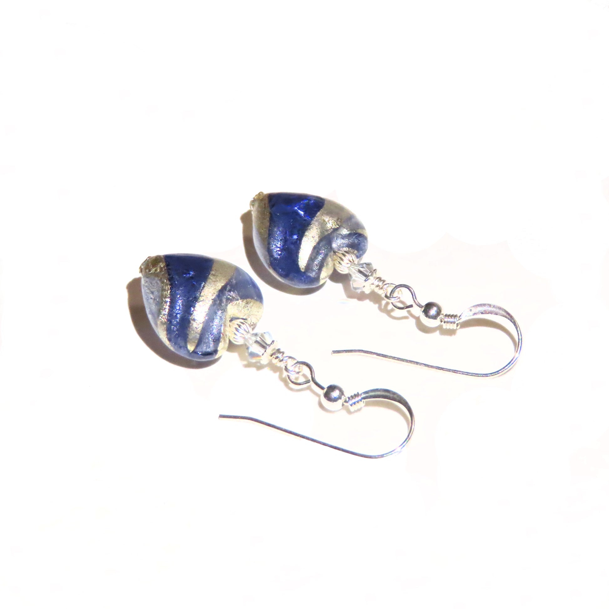 Murano Glass Dark Blue Swirl Heart Silver Earrings - JKC Murano