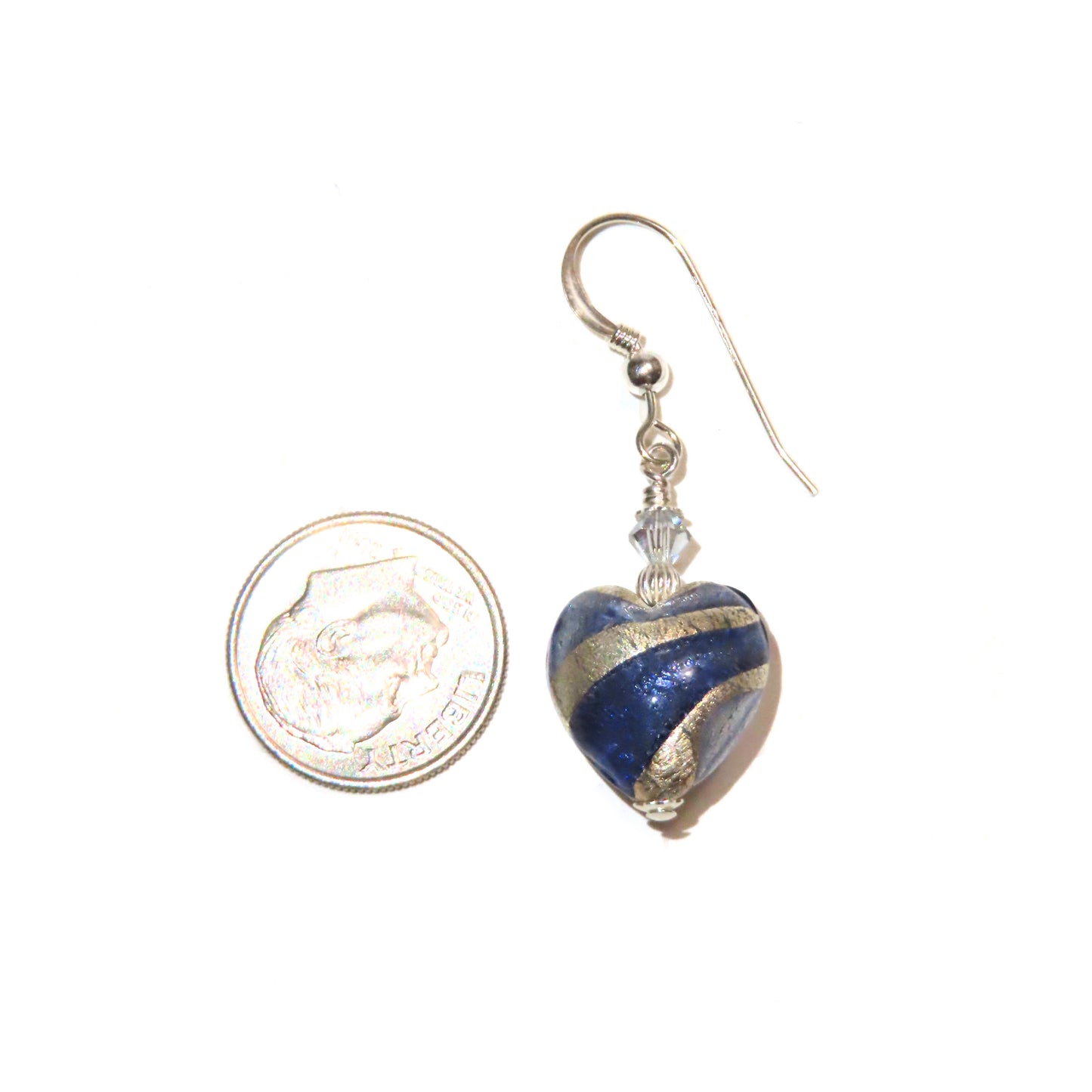 Murano Glass Dark Blue Swirl Heart Silver Earrings - JKC Murano