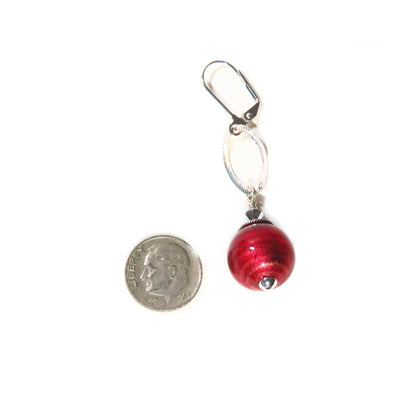 Murano Glass Dark Pink Ball Long Silver Earrings
