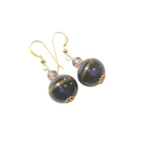 Murano Glass Dark Purple Copper Ball Gold Earrings, Italian Glass Jewelry - JKC Murano