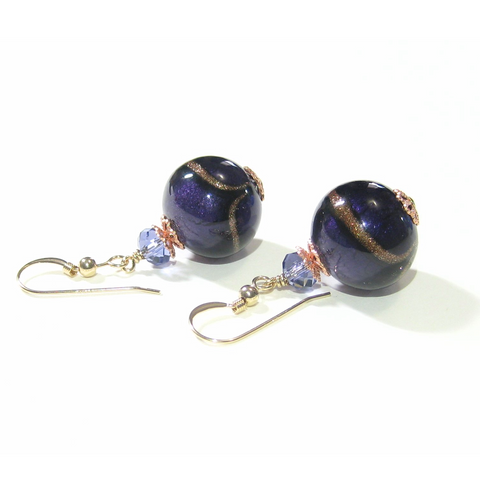 Murano Glass Dark Purple Copper Ball Gold Earrings, Italian Glass Jewelry - JKC Murano