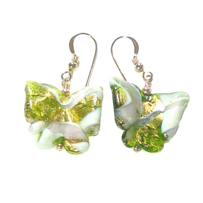 Murano Glass Green Purple Butterfly Gold Earrings