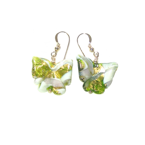 Murano Glass Green Purple Butterfly Gold Earrings