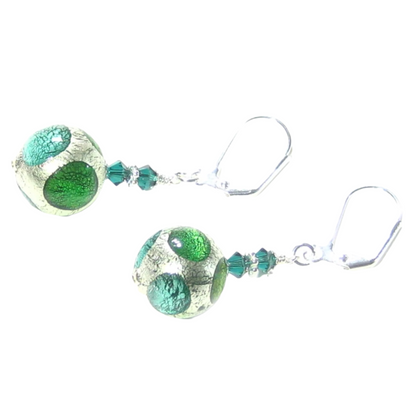 Murano Glass Green Dot Ball Silver Earrings - JKC Murano