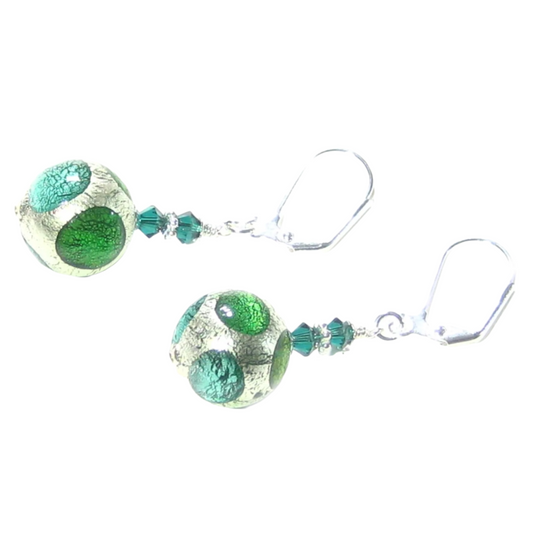 Murano Glass Green Dot Ball Silver Earrings - JKC Murano