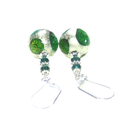 Murano Glass Green Dot Ball Silver Earrings - JKC Murano