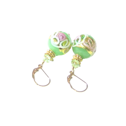Murano Glass Green Wedding Cake Rose Gold Earrings - JKC Murano