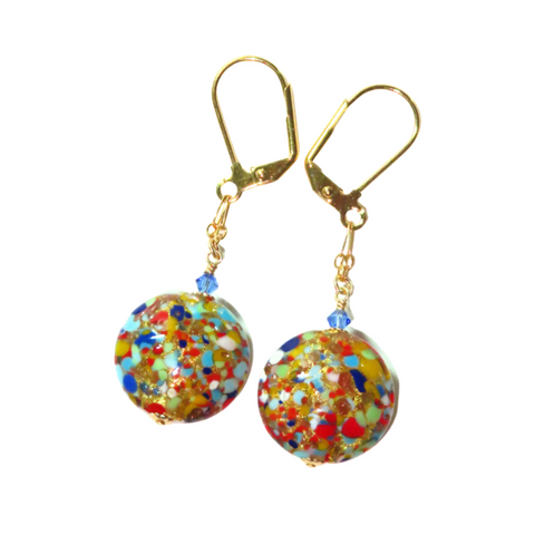 Murano Italian Glass Colorful Klimt Disc Gold Earrings