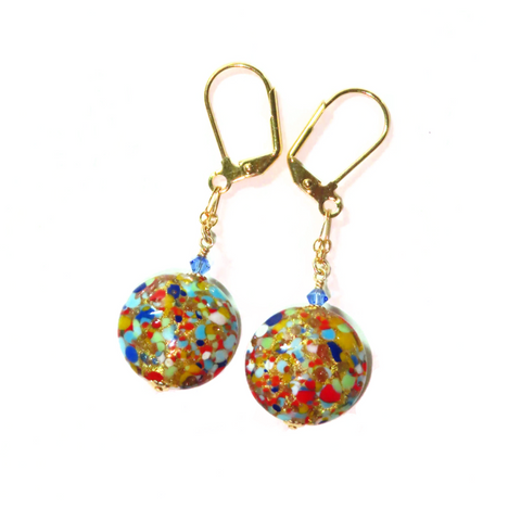Murano Italian Glass Colorful Klimt Disc Gold Earrings
