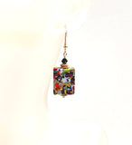 Murano Glass Colorful Millefiori Klimt Rectangle Gold Earrings, Italian Jewelry