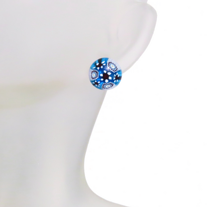 Murano Glass Large Aqua Black Millefiori Post Earrings, Studs