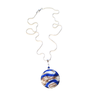 Murano Glass Cobalt Blue White Copper Disc Pendant - JKC Murano