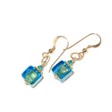 Murano Glass Aqua Cube Gold Earrings, Fishhook Earrings